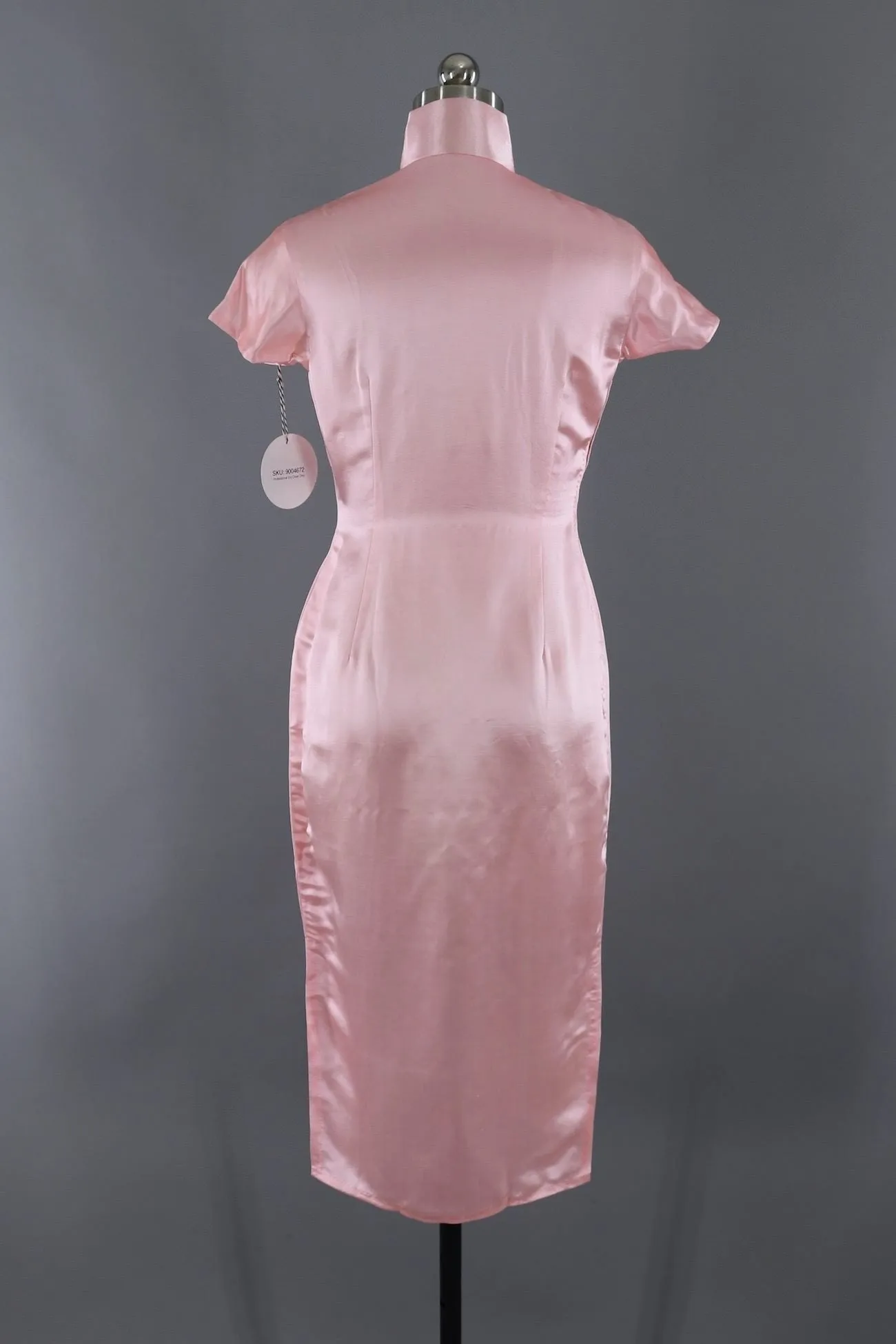 Vintage 1950s Pink Silk Satin Embroidered Qi Pao Mandarin Dress