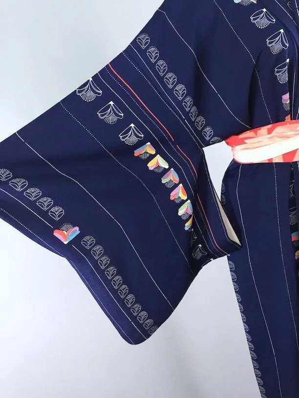 Vintage 1960s Vintage Kimono Robe / Mod Navy Blue Floral