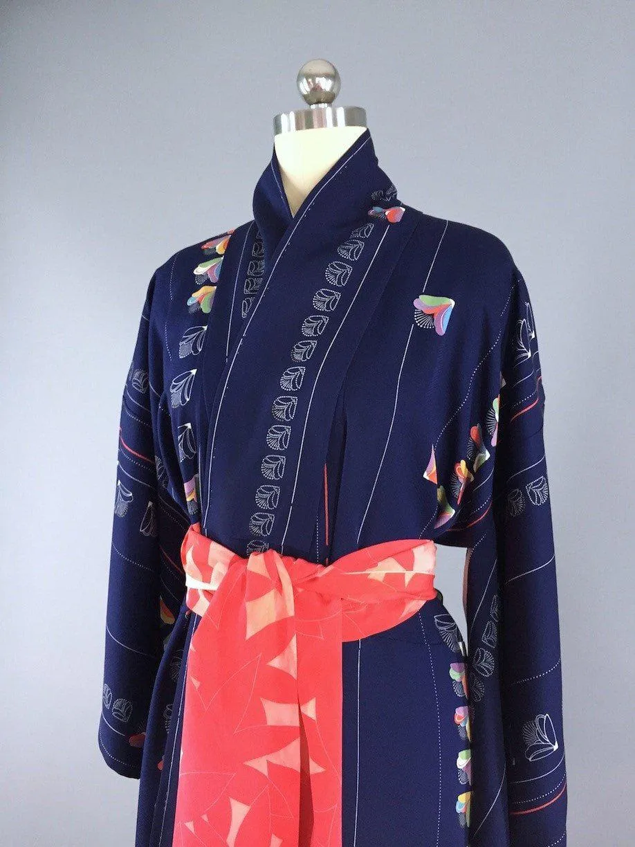 Vintage 1960s Vintage Kimono Robe / Mod Navy Blue Floral
