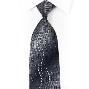 Waves On Silver Rhinestone Silk Necktie With Silver Sparkles