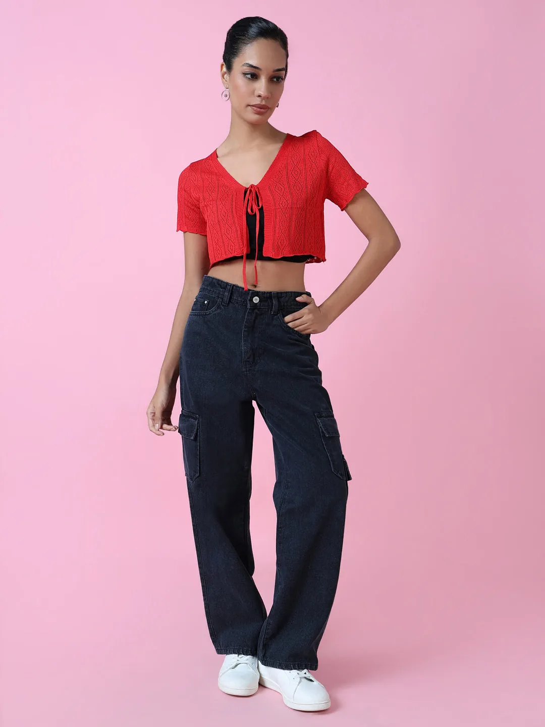 Women Red Solid Shrug