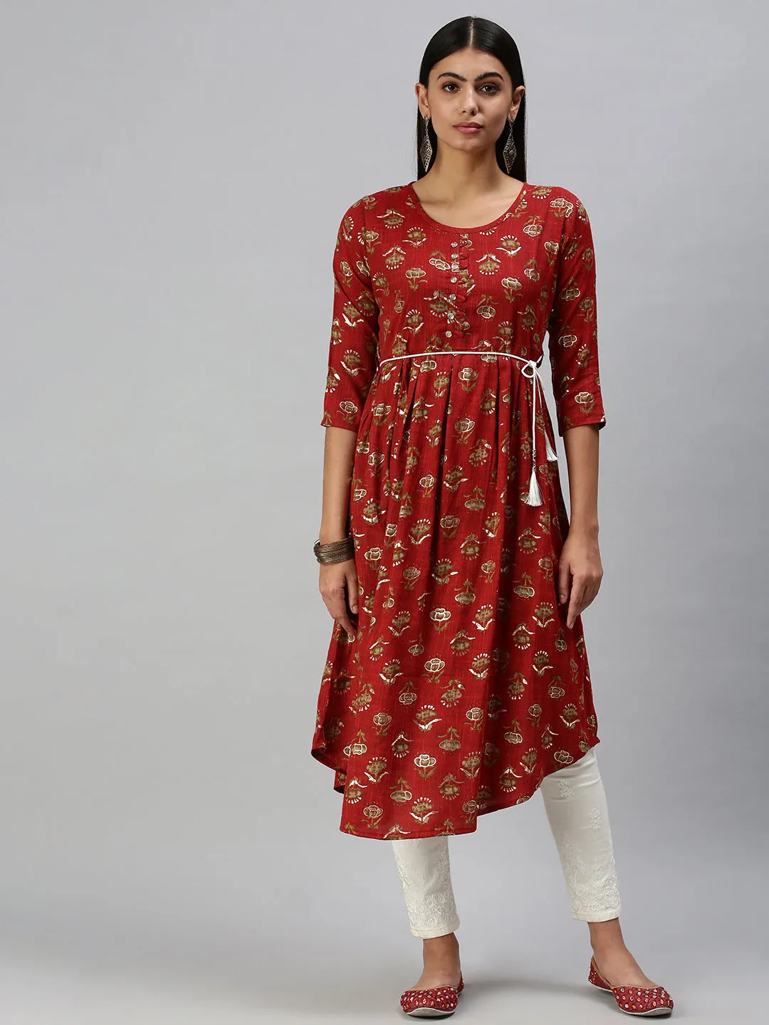 Women's Red Printed A-Line Kurta