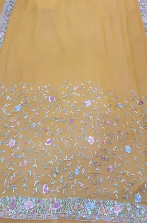 Yellow Hand Embroidered Parsi Gara Crepe Flower Design Saree